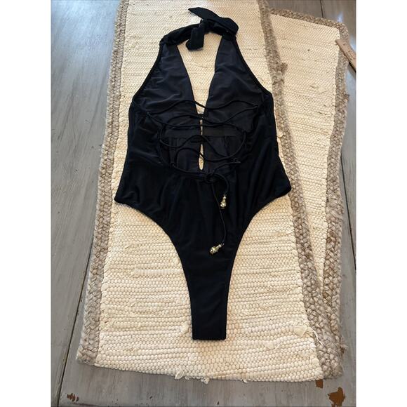 Asa Kaftans Black Turquoise Color Gems Gold Beaded Halter Swim Suit Size XL - Picture 9 of 10